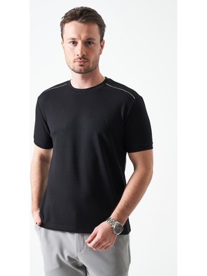 Tena Erkek Siyah Bisiklet Yaka Omuz Kalın Şerit Detaylı Tişört