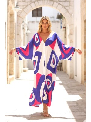 Modanı Seç Fuşya Desenli Sırtı Göz Baskılı Cepli Oversize Uzun Gömlek Elbise