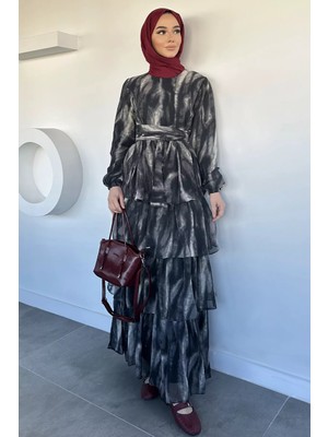 Julude Desenli Şifon Katkat Tesettür Elbise P-00020604