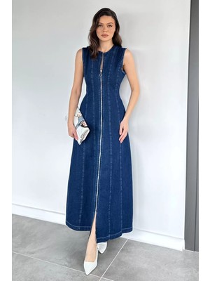 Gülseli Boydan Fermuarlı Kot Jean Elbise P-00020590