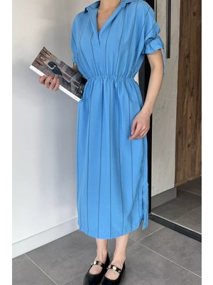 Gülseli Bel Lastikli Çizgi Desenli Kısa Kol Elbise P-00017788