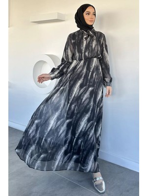 Julude Desenli Bel Lastikli Şifon Tesettür Elbise P-00020605