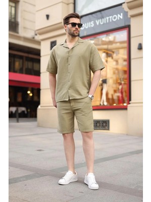 Madmext Açık Yeşil %100 Pamuklu Erkek Şort Gömlek Takım E7360