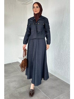 Julude Gülseli Fermuarlı Kot Ceket Etek Tesettür Ikili Takım P-00020682