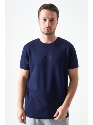 Tena Erkek Lacivert Bisiklet Yaka Origami Ayı  Baskılı Modal Tişört