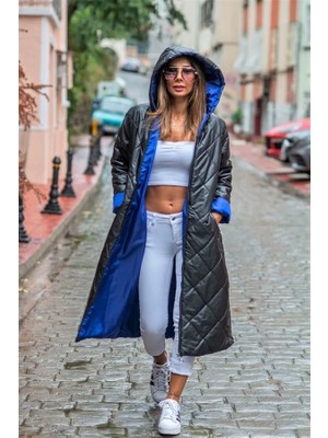 Modanı Seç Siyah Kapüşonlu Astarı Renkli Baklava Desen Uzun Şişme Mont