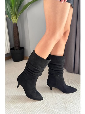 Preshley Kadın Donna Siyah Süet Körüklü Sivri Burun Çivi Topuk Kısa Çizme