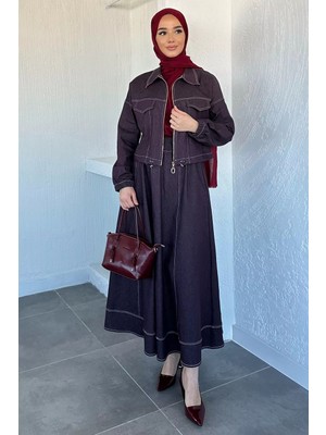 Julude Gülseli Jean Kot Ceket Bel Lastikli Etek Tesettür Ikili Takım P-00020773