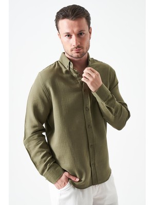Tena Erkek Haki Uzun Kol Regular Basic Müslin Gömlek