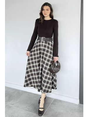Gülseli Kadın Ekoseli Kemerli Elbise P-00020603