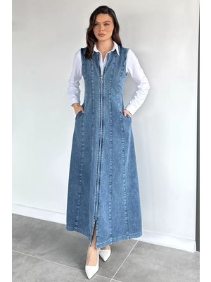 Gülseli Boydan Fermuarlı Kot Jean Elbise P-00020590