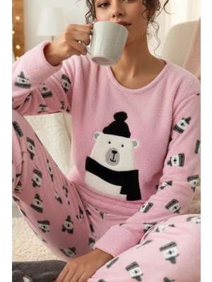 Gülseli Kadın Baskılı Bisiklet Yaka Polar Pijama Takımı P-00020346