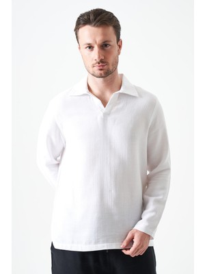 Tena Erkek Beyaz Uzun Kol V Ayaklı Yaka Regular Müslin Gömlek