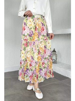 Julude Bel Lastikli Desenli Şifon Tesettür Etek P-00020609