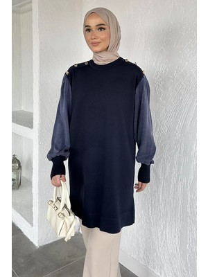 Julude Gülseli Bisiklet Yaka Düğme Detaylı Tesettür Triko Tunik P-00020678