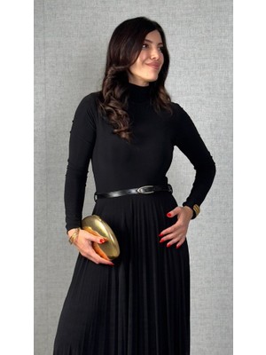 Ne Verelim Size Kadın Uzun Kollu Balıkçı Yaka Kemersiz Pileli Uzun Sandy Elbise