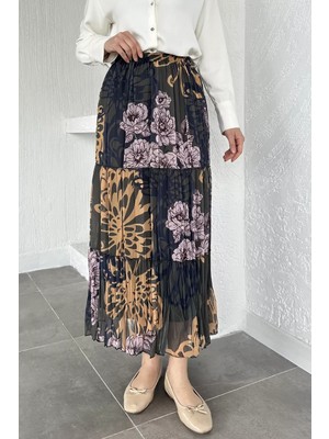 Julude Bel Lastikli Desenli Şifon Tesettür Etek P-00020609