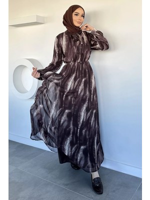 Julude Desenli Bel Lastikli Şifon Tesettür Elbise P-00020605