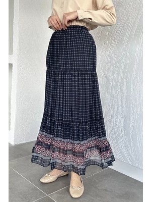 Julude Bel Lastikli Desenli Şifon Tesettür Etek P-00020609