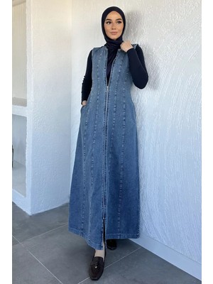 Julude Boydan Fermuarlı Kot Jean Tesettür Elbise P-00020589