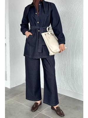 Julude Gülseli Uzun Yakalı Kot Tunik Pantolon Tesettür Ikili Takım P-00020540