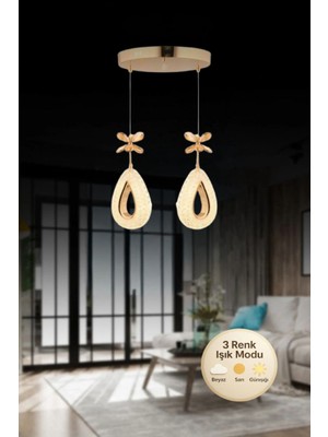 Litra Lighting Damla Model 2'li Gold 3 Renk Modu Ledli Kristal Taşlı Modern Salon Mutfak Oturma Odası LED Avize