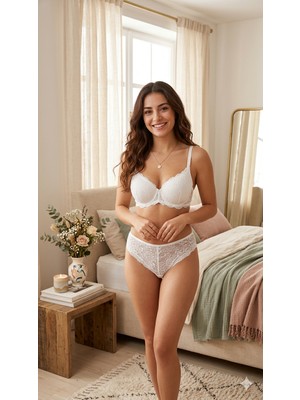 Trend Dokunuş Kadın Büyük Beden Ekru Dolgusuz Içi Boş Dantelli Iç Çamaşır Sütyen Külot Takımı