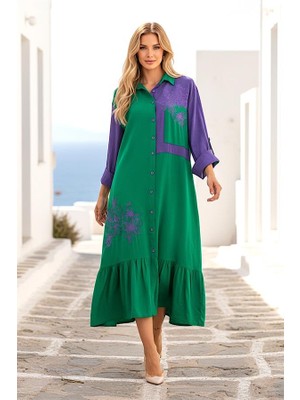 Modanı Seç Yeşil Mor Garnili Önü ve Eteği Nakışlı Kolu Apoletli Uzun Gömlek Elbise