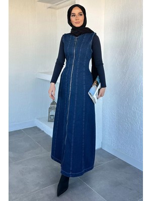 Julude Boydan Fermuarlı Kot Jean Tesettür Elbise P-00020589