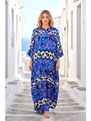 Modanı Seç Saks Mavi Dik Yaka Etnik Desenli Yarasa Kol Oversize Uzun Elbise