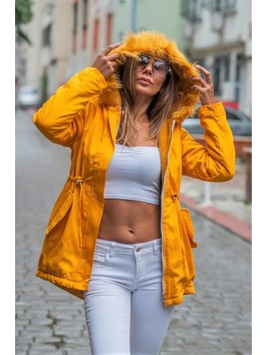 Modanı Seç Hardal Kapüşonu Kürklü Içi Kürklü Gabardin Mont