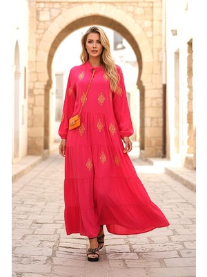 Modanı Seç Pembe Önü ve Kolları Otantik Nakışlı Eteği Kat Kat Uzun Elbise