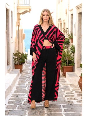Modanı Seç Fuşya Siyah Desenli V Yaka Önden Yırtmaçlı Cepli Tunik Pantolon Ikili Takım