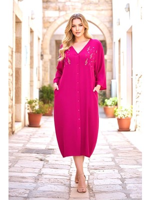 Modanı Seç Fuşya V Yaka Önü Nota Nakışlı Cepli Oversize Uzun Gömlek Elbise