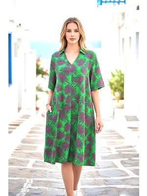 Modanı Seç Yeşil Desenli Gömlek Yaka Cepli Kısa Elbise
