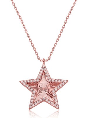 İlkyaz Fashion 925 Ayar Gümüş Rose Fırfır Desenli Yıldız Kadın Kolye T8645 (72)