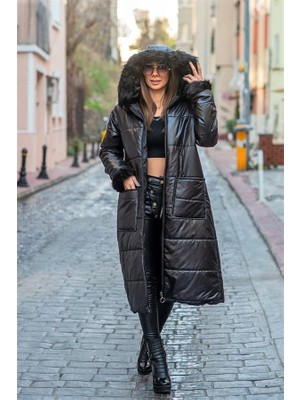 Modanı Seç Siyah Kapüşonu Kürklü kolları Kürklü Büyük Beden Uzun Şişme Kaban