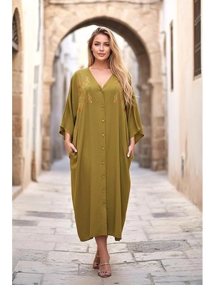 Modanı Seç Hardal Rengi V Yaka Önü Nota Nakışlı Cepli Oversize Uzun Gömlek Elbise