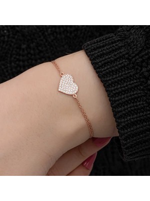 İlkyaz Fashion 925 Ayar Gümüş Rose Kalp Kadın Bileklik T8699 (72)