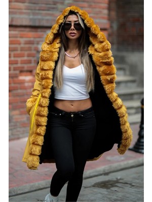 Modanı Seç Hardal Su Geçirmez Içi Kürklü Kapüşonlu Kürk Yaka Kaban