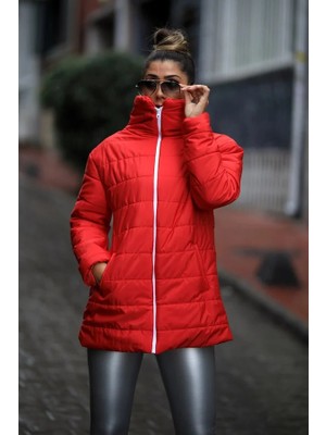 Modanı Seç Kırmızı Dik Yaka Uzun Şişme Mont