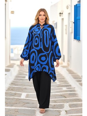 Modanı Seç Saks Mavi Siyah Desenli Balon Kol Püskül Bağcıklı Cepli Tunik Pantolon Ikili Takım