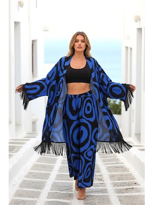 Modanı Seç Saks Mavi Desenli Gömleği Püsküllü Gömlek Pantolon Takım