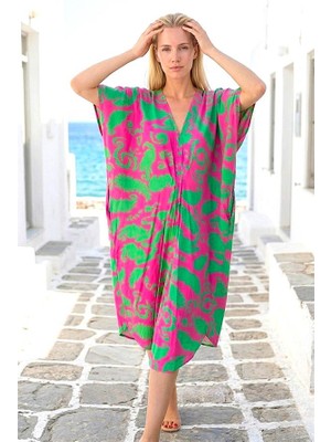 Modanı Seç Fuşya Yeşil Desenli V Yaka Tasarım Cepli Elbise