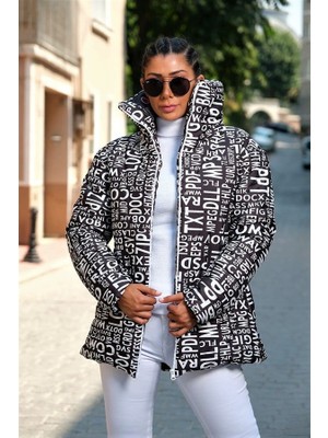 Modanı Seç Siyah Beyaz Yazılı Dik Yaka Uzun Şişme Mont