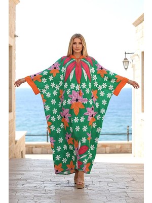 Modanı Seç Yeşil Çiçekli Sıfır Yaka Yarasa Kollu Oversize Uzun Elbise