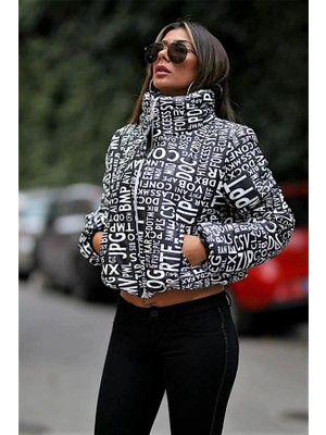 Modanı Seç Siyah Beyaz Yazılı Dik Yaka Kısa Şişme Mont