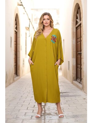 Modanı Seç Hardal Rengi V Yaka Sırtı ve Göğsü Çiçek Nakışlı Cepli Oversize Uzun Gömlek Elbise