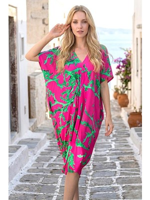 Modanı Seç Fuşya Dal Desenli V Yaka Tasarım Cepli Elbise