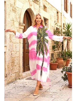 Modanı Seç Pembe Tropik Desenli Kolları Apoletli Cepli Uzun Gömlek Elbise